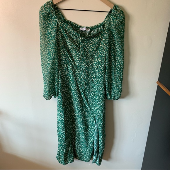 Zara Floral Green Midi Split Hem Dress Garden Plant Women's Medium - Picture 2 of 10